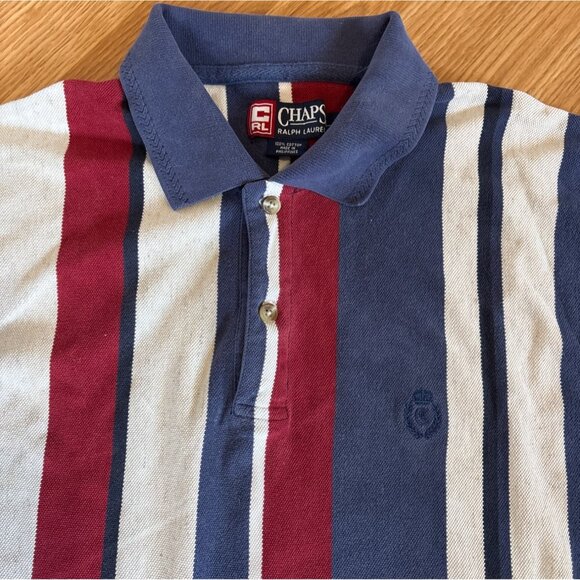 Chaps Ralph Lauren Polo Shirt LG Mens Striped Short Sleeve Blue Red Wht Y2K Vtg - Picture 2 of 5